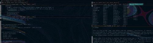 A screen full of black bars and translucent blue text windows over a dark abstract background.