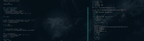 a heavily pixelated view of some light grey code with cyan and magenta annotations, over an abstract dark blue cyberspace