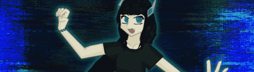 a pale dark haired girl with green eyes looks at you with enthusiasm from inside a blue and cyan cyberspace