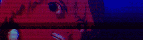 Lain of the Wired cursing over her shoulder in harsh colored lights, scanlines, and tape distortion.