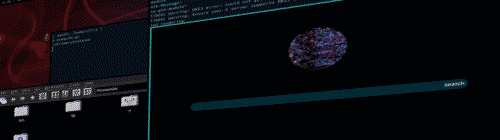overlapping widows with a dark search engine and file manager and blue terminals shown at an angle over a reddish abstract background